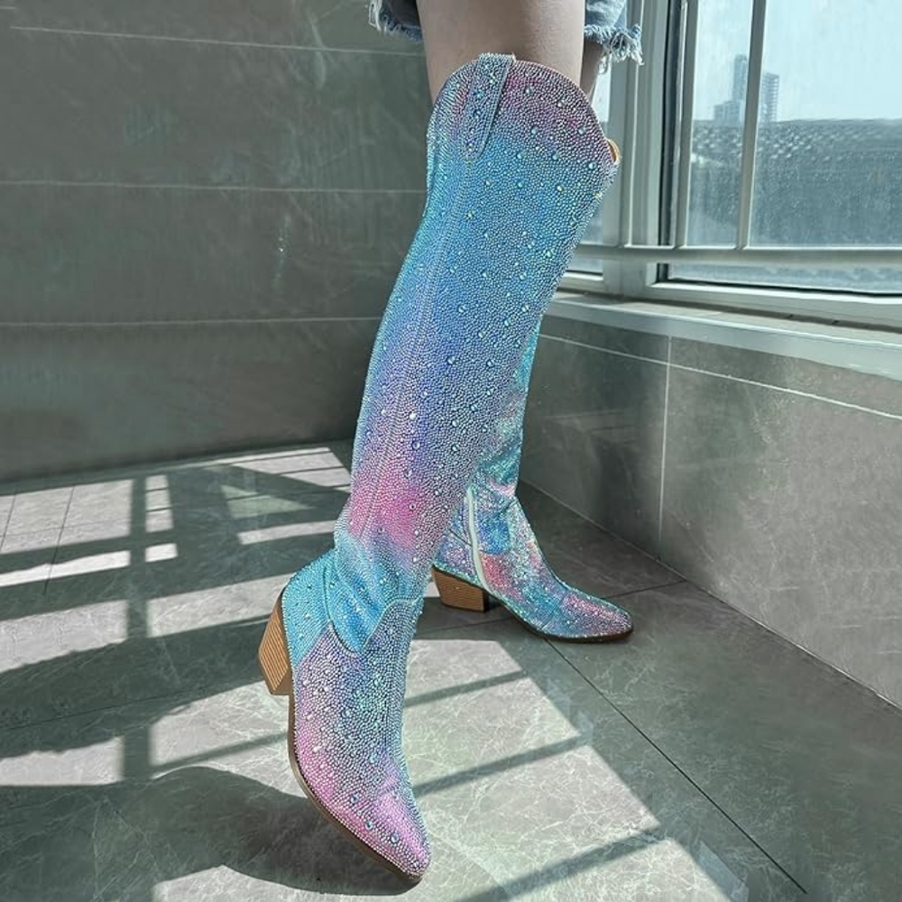 Pastel Rainbow Unicorn Rhinestone Crystal Over The Knee Boots